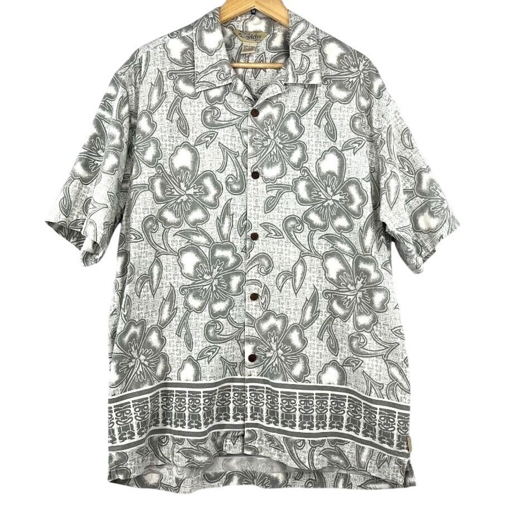 Gotcha Button Up Shirt Men Large Grey Excellent Tropical‎ Tiki Hibiscus Surf